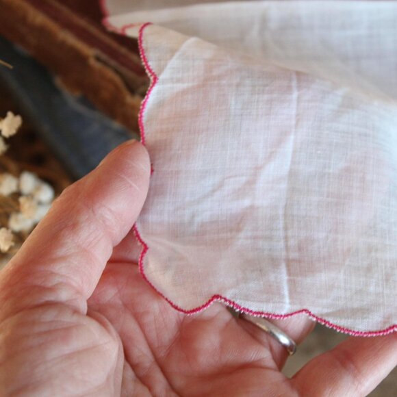 Vintage Christmas Handkerchief, Silver Poinsettia Print Red Trim, Holiday Theme - Picture 6 of 10